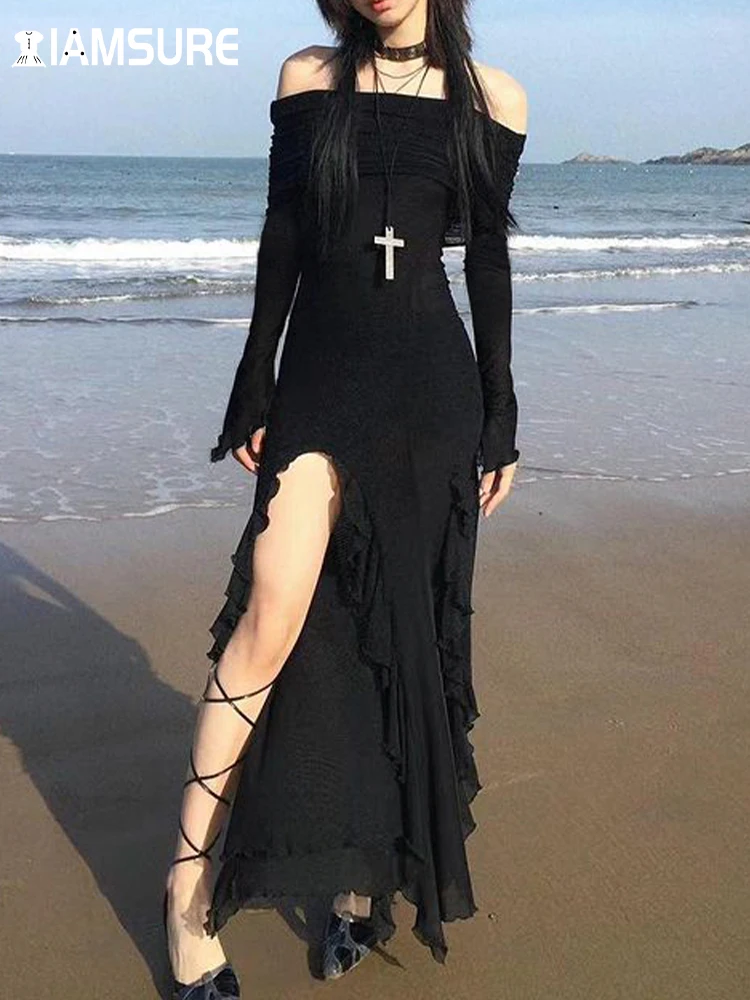 Top Trends: IAMSURE Elegant Fashion Dark Ruffles Split Long Dress Gothic Slash Neck Long Sleeve Maxi Dresses For Women 2023 Holiday Beach Shoppable Styles