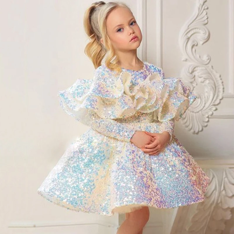 Top Trends: Girls Shiny Sequin Princess Dress 2023 New Long Sleeve Baby Tutu Birthday Dresses Teen Ball Gown Dres Children Wedding Clothing Shoppable Styles