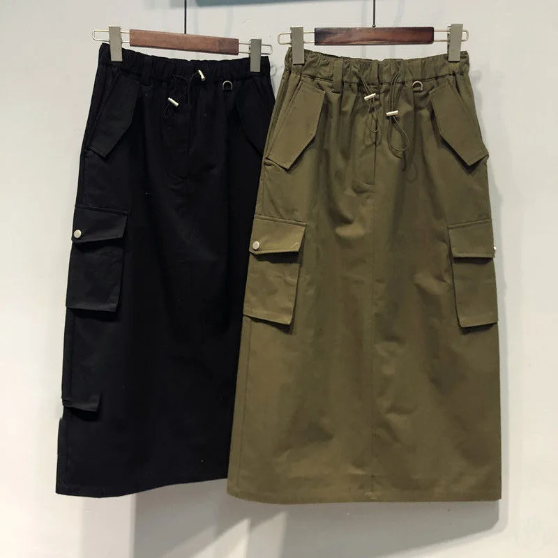 Top Trends: 100% Cotton Y2k Skirts Elastic Waist Cargo Skirts For Women 2023 Spring Summer Drawstring Girls Full Length Skirt Black Shoppable Styles