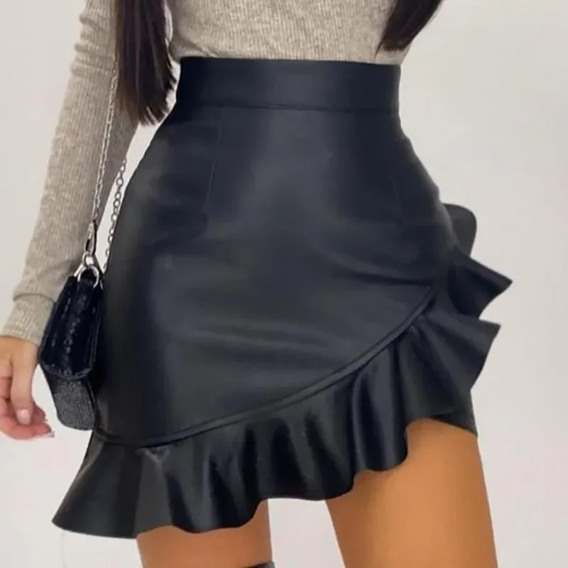 Top Trends: Women's 2023 New Sexy Leather Pu Skirt Black Ruffled Asymmetric Female Mini Skirt High Waist Flared Fashion Office Female Skirt Shoppable Styles