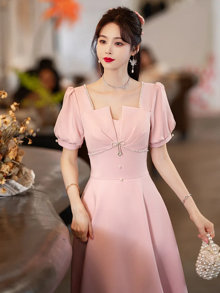 Top Trends: Pink Bridesmaid Dress Pearls Beading Bow A-Line Evening Dress Simple Elegant Mid-Length Party Princess Gowns Shoppable Styles