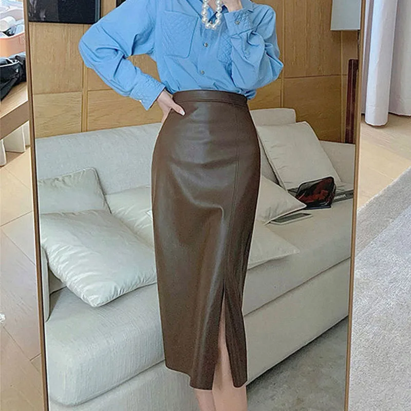 Top Trends: New Winter Fashion Luxury High Waist Split Half Skirt Versatile Slim And Fashionable Small Mid Length Wrapped Hip Leather Skirt Shoppable Styles