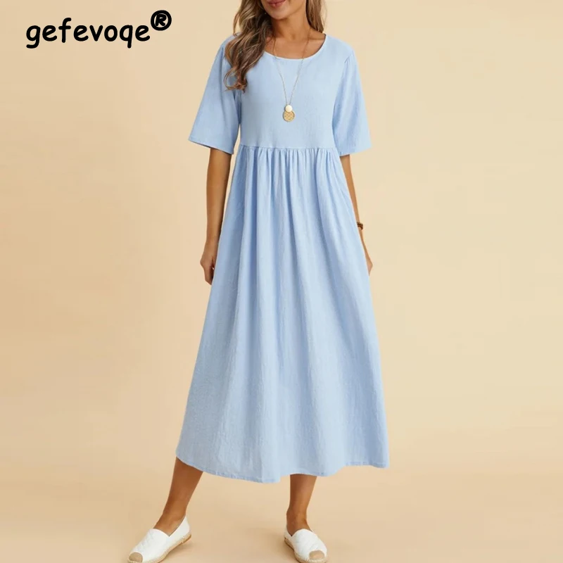 Top Trends: Women Vintage Cotton Linen Breathable Midi Dress Y2K Summer Fashion Half Sleeve Solid Casual Dresses High Waist Elegant Vestidos Shoppable Styles