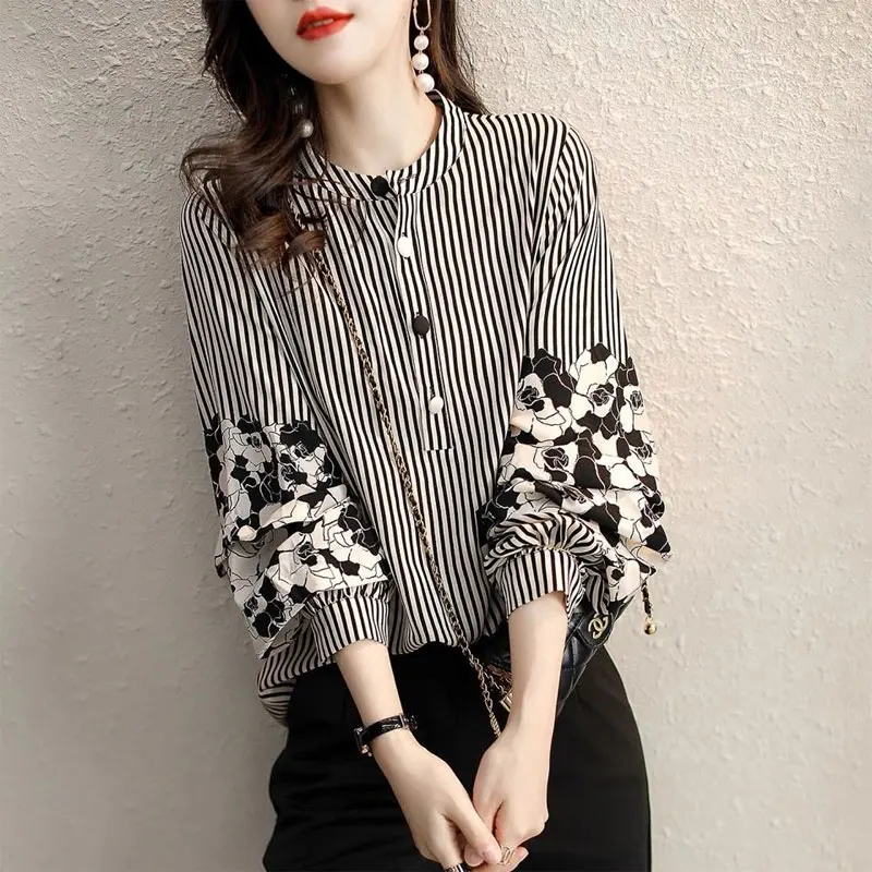 Top Trends: Office Lady Striped Stylish Floral Printed Shirt Female Clothing Round Neck All-match Loose Spring Autumn Casual Button Blouse Shoppable Styles