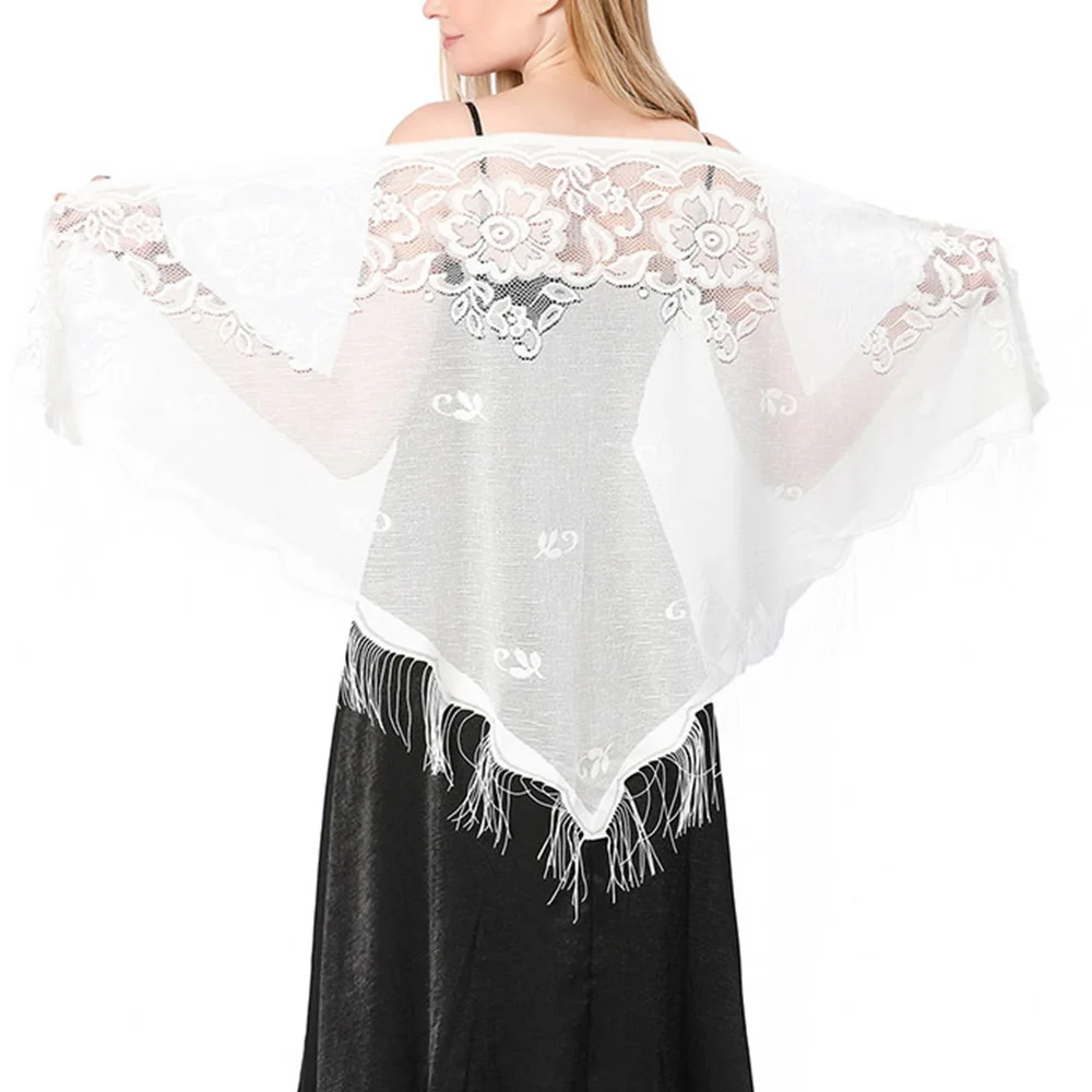 Top Trends: Lace Tassels Triangle Scarf Sheer Hollow Out Breathable Scarves Long Fringe Muslim Hijabs Evening Party Shawl Elegant Shawl Shoppable Styles