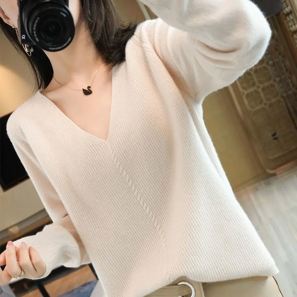 Top Trends: Autumn Winter Female Knitted Pullovers Screw Thread Fashion Long Sleeve V-Neck Solid Loose Women Clothing Casual Warm Sweaters Shoppable Styles