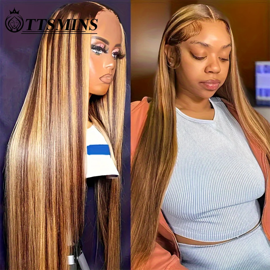 Top Trends: Brazilian Remy Bone Long Straight Highlight Human Hair Wigs Ombre 5x5 Lace Closure Pre Cut HD Lace 4 / 27 Colored Glueless Wigs Shoppable Styles