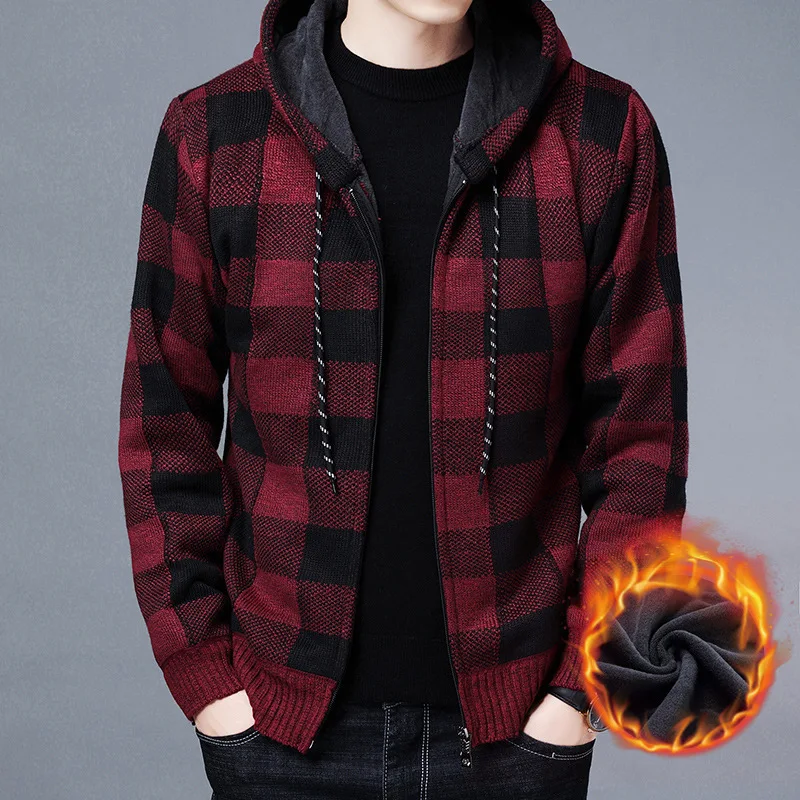 Top Trends: Fashion Mens Autumn Winter Plus Flannel Knitted Sweater Y2K Style Zip Up Cardigan Sweater Jackets Hooded Plaid Sweaters For Men Shoppable Styles