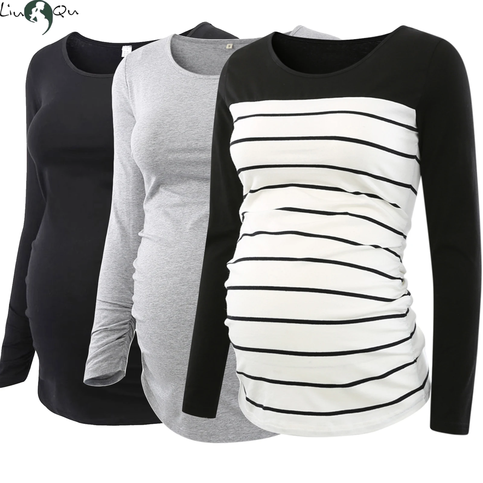 Top Trends: Liu&Qu 3PCS Women Maternity Tops Long Sleeve Pregnancy T-Shirt Round Neck Flattering Side Ruched Pregnancy Shirt Clothes Casual Shoppable Styles