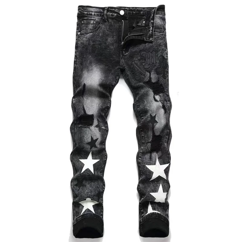 Top Trends: EH·MD Star Embroidered Jeans Men's Leather Micro-Channel Stitching Cotton High Stretch Slim Pants 3D High Street Gradient Art23 Shoppable Styles