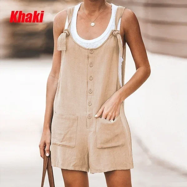 Top Trends: 2024 Summer Women Jumpsuit Sleeveless New Solid Color Round Neck Button Loose Short Casual Pocket Stitching Rompers Playsuits Shoppable Styles - Image 3