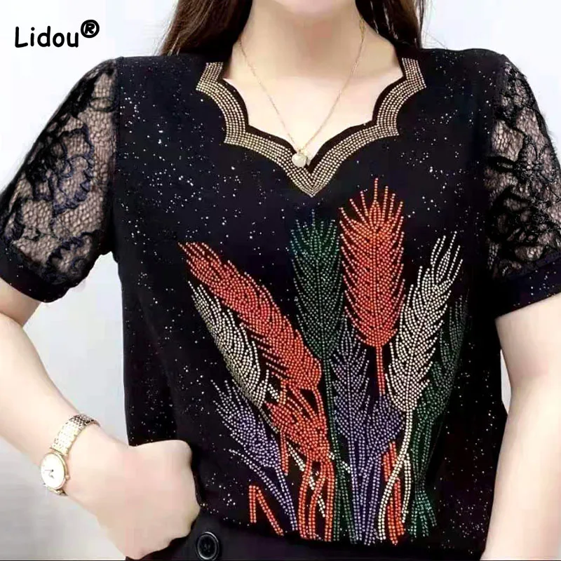 Top Trends: Summer Female Fashion Lace Spliced Diamonds Casual T-shirt Vintage All-match Loose Short Sleeve V-Neck Tops Women's Clothing Shoppable Styles