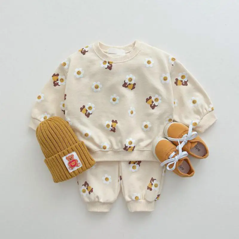 Top Trends: Autumn New Baby Girl Flower Bear Sweatshirt Set Infant Boy Sports Pants Suit Cotton Children Casual Clothes Set Toddler Outfits Shoppable Styles