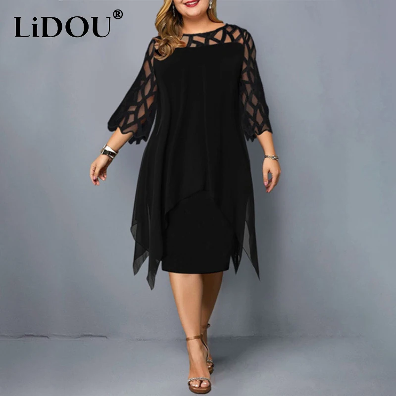 Top Trends: New Elegant Lace Mesh Plus Size Dresses Women Sexy Hollow Out Oversize Dress Loose Casual Vestidos De Fiesta Midi Robes Femme Shoppable Styles