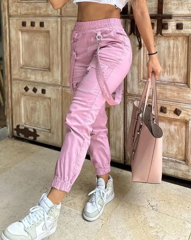 Top Trends: Women's Cargo Pants Casual Trousers 2023 New Solid Color Trend Street Pocket Design Cuff Suspenders Decorative Cargo Pants Shoppable Styles