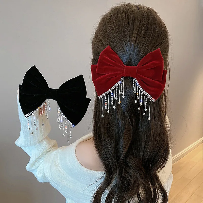 Top Trends: New Big Bow Bling Rhinestone Tassels Hair Clip Satin Hairpins Barrettes Ponytail Clip Elegant Shiny Double Bow Hairpin Heawear Shoppable Styles