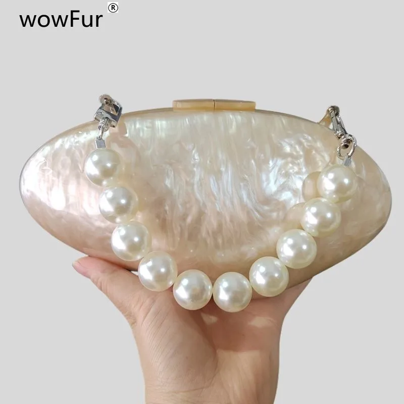 Top Trends: Brand Pearl White Nude Acrylic Bead Chain Handle Box Clutches Shell Women Shoulder Purse Wedding Dress Evening Handbag Wallets Shoppable Styles