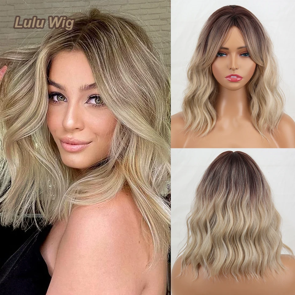 Top Trends: Brown Ombre Blonde Synthetic Bangs Wig Women Ash Blonde Short Natural Wavy Hair Wig Daily Cosplay Use Heat Resistant Shoppable Styles