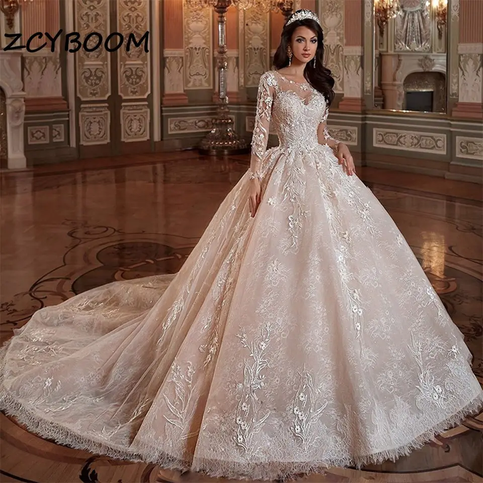 Top Trends: Gorgeous Bling Lace Appliques A Line Wedding Dress With Full Sleeves 2024 Sweetheart Court Train Lace Up Illusion Bridal Gown Shoppable Styles