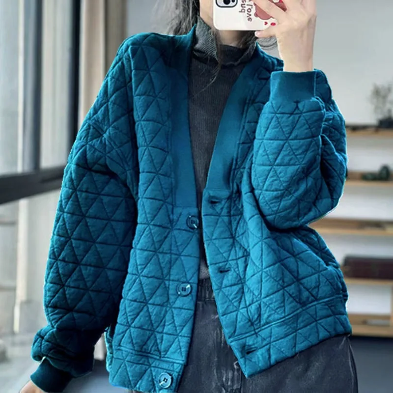 Top Trends: Women's Solid V-Neck Cardigan Button Parkas 2023 Winter New Vintage Korean Loose Cotton Liner Long Sleeve All Match Argyle Coat Shoppable Styles