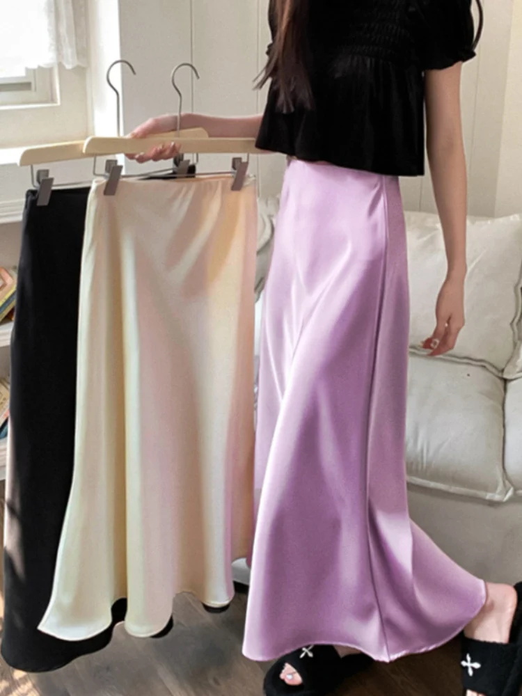 Top Trends: Elegant Women's Skirts High Waist Silk Satin A-line Skirt Lady Fashion Solid Color Purple Long Skirts For Women Fashion 2024 Shoppable Styles