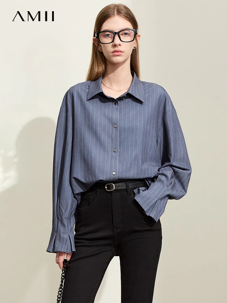 Top Trends: AMII Minimalism 2024 Women Shirts Spring New Commuter Striped Flare Sleeve Lapel Loose Mid-length Trendy Shirt Female 12441071 Shoppable Styles