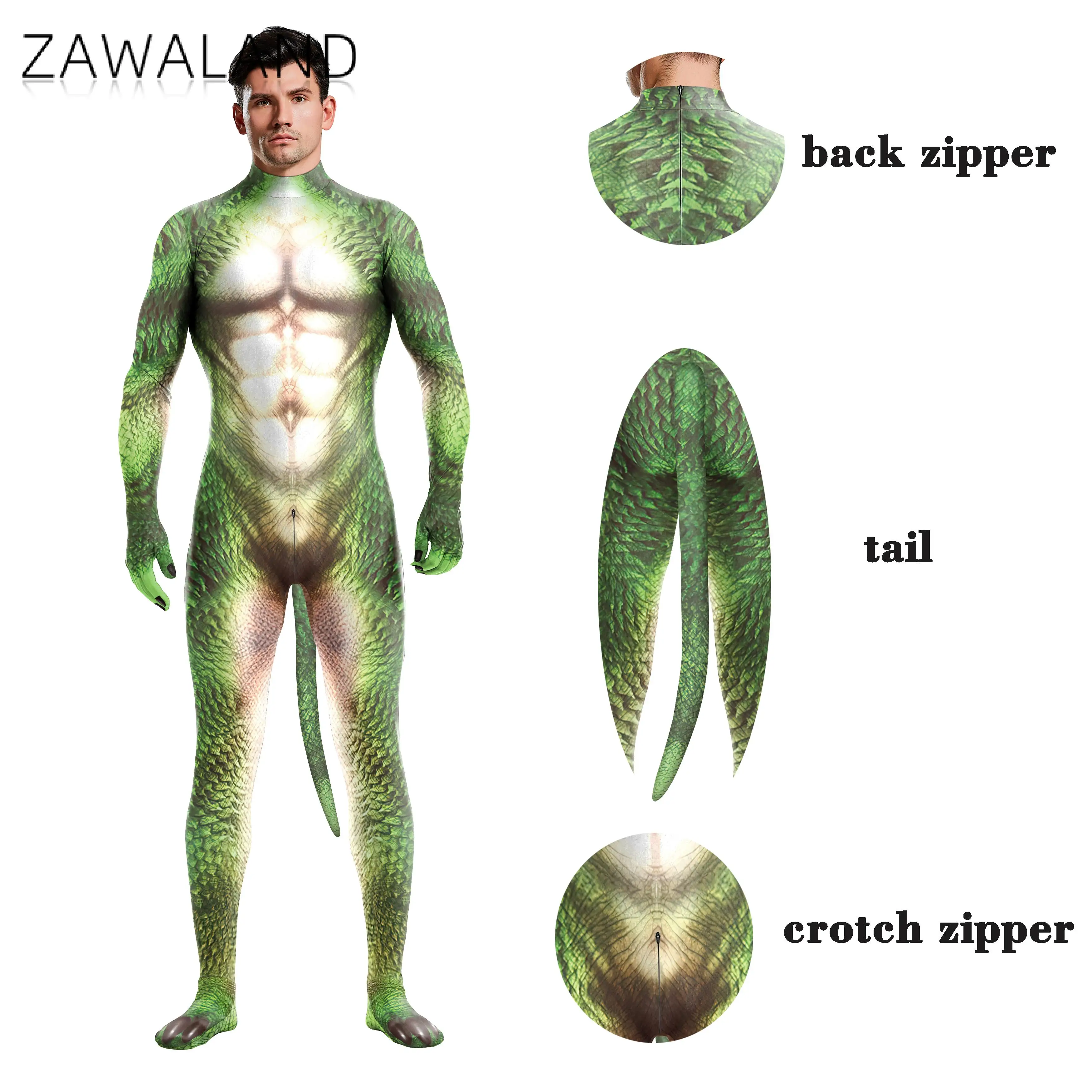 Top Trends: Zawaland Men 3D Crocodile Texture Printed Animal Cosplay Costume Bodysuit With Tail Crotch Zipper Jumpsuits Catsuit Zentai Suits Shoppable Styles