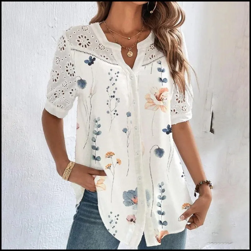 Top Trends: Chic Elegant Loose Shirt Woman Fashion Casual Woman Shirt Summer Short Sleeve Blouse Weekend Blusas Feminino Printed Lace Shirts Shoppable Styles