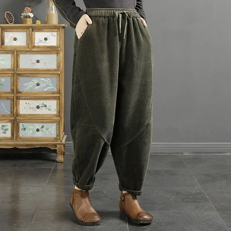 Top Trends: Women&#039;s Elastic Waist Drawstring Corduroy Harlan Autumn And Winter 2023 New Solid Color Loose Thick Pocket Straight Casual Pants Shoppable Styles