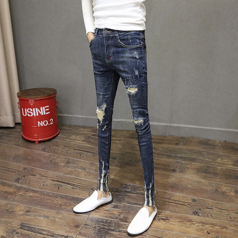 Top Trends: Fashion 2022 Fashion Slim Pants New Small Feet Stretch Ripped Hole Trendy Male Cat Whisker Jeans Spirit Guy Male Pencil Pants Shoppable Styles