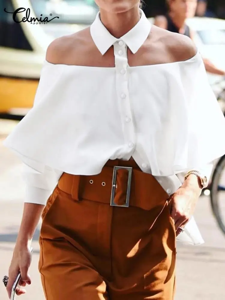 Top Trends: 2023 Celmia Women Off Shoulder White Tops Autumn Tunics Sexy Halter Shirt Fashion Blouse 3 / 4 Sleeve Casual Solid Elegant Blusas Shoppable Styles