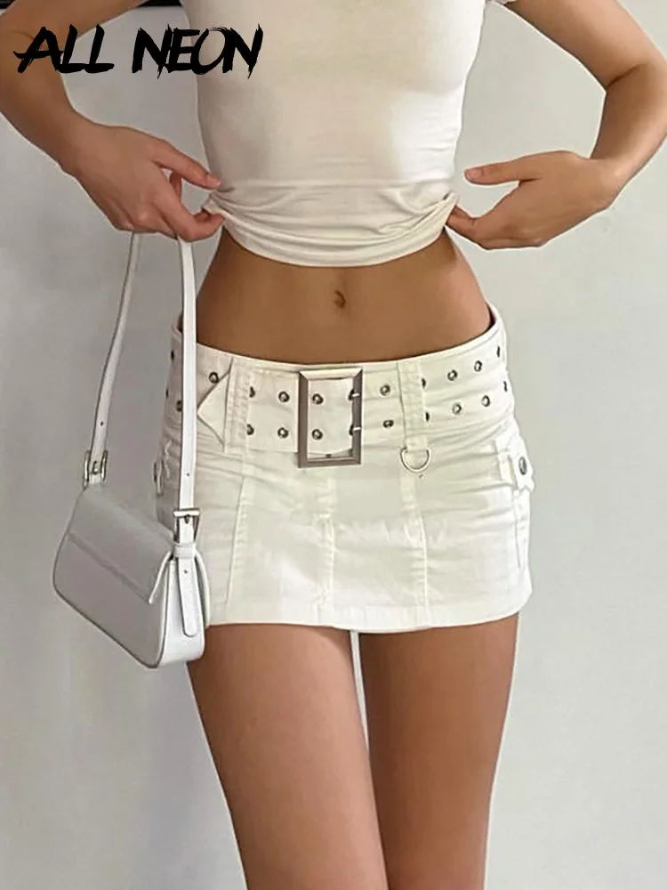 Top Trends: ALLNeon Y2K Aesthetics Basic Belted Low Waist Micro Skirts 2000s Fashion Sexy Pockets White Denim Skirt Cute Bottoms Clubwear Shoppable Styles