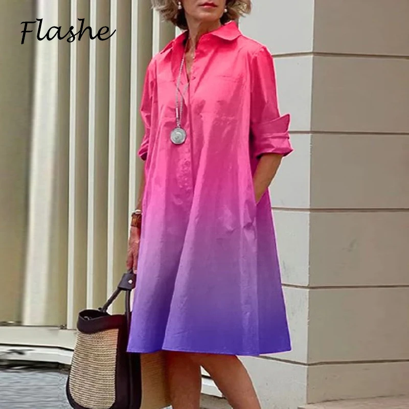 Top Trends: Spring Summer Shirt Dress Women Turn Down Collar Long Sleeve Tie Dye Printing Midi Dresses For Women Elegant Pocket Holiday Robe Shoppable Styles