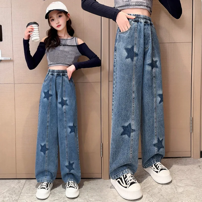 Top Trends: Big Girls School Wide Leg Pants With Star Pattern Casual Loose 2023 New Spring Fashion Long Jeans Children Korean Style Trousers Shoppable Styles