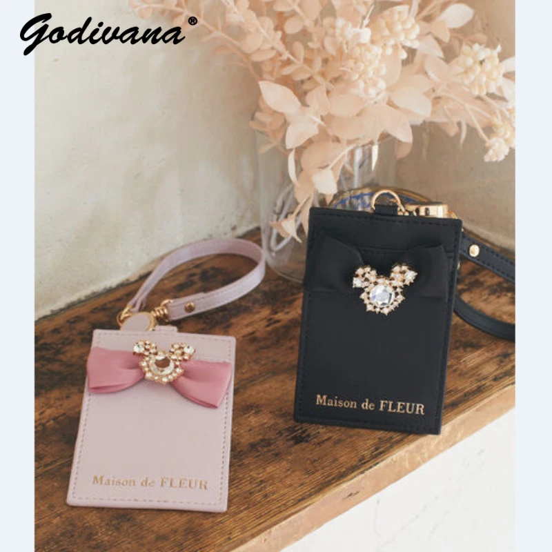 Top Trends: Japanese Style New Cute Rhinestone Metal Chain Bowknot Pencil Case Students Women's Leather Card Holder Bow Hanging Pendants Shoppable Styles