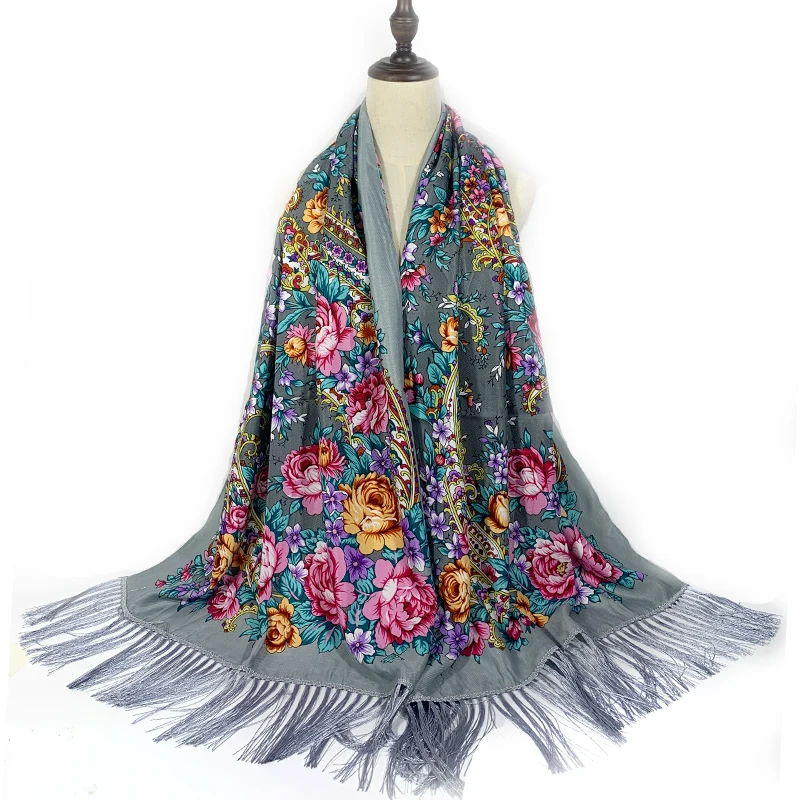 Top Trends: 70*200cm Russian National Scarf Women Floral Print Bandana Shawl Ethnic Fringed Handkerchief Babushka Hijab Head Wraps Pashmina Shoppable Styles