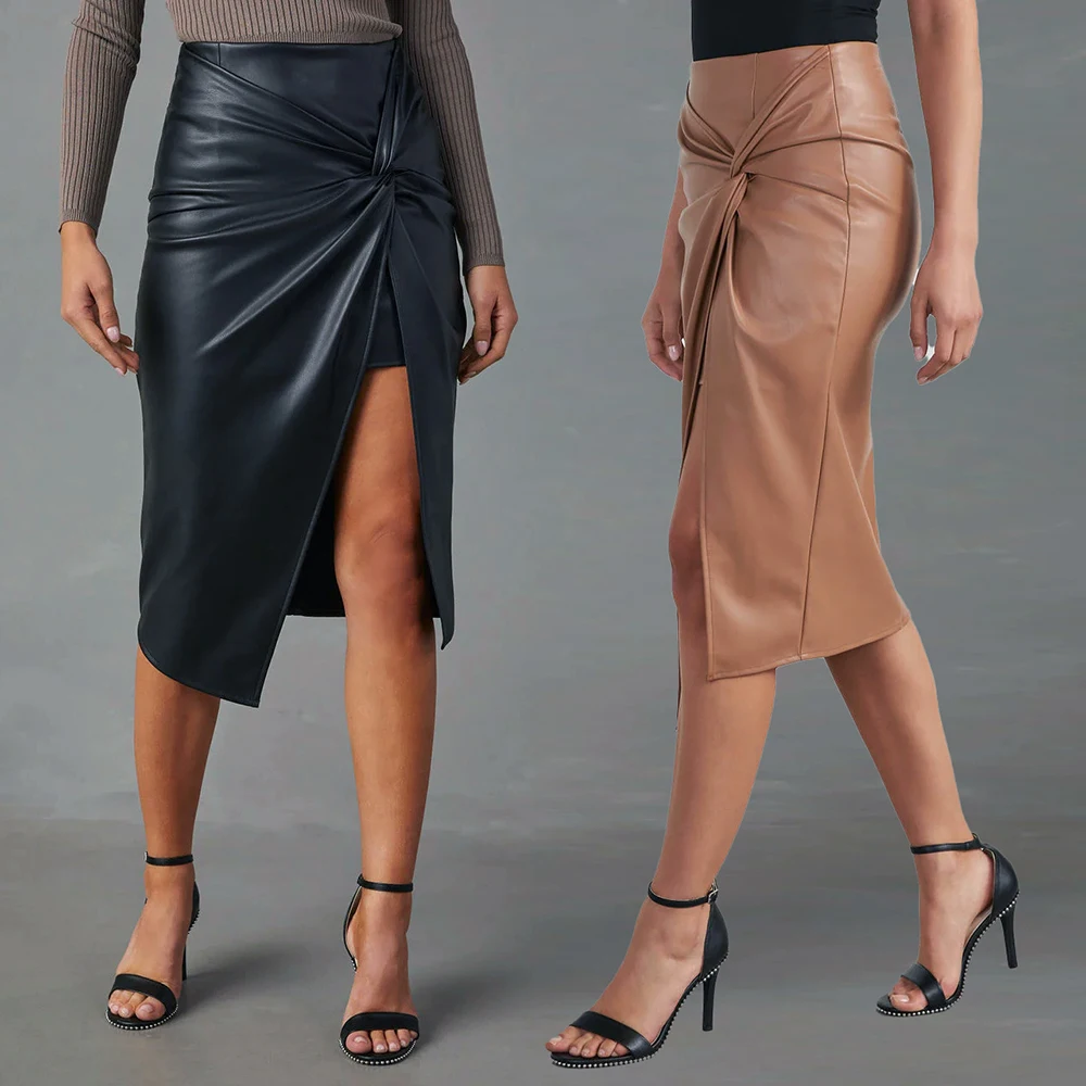 Top Trends: 2023 Autumn Winnter Women's PU Leather Skirt Fashion Office Ladies Irregualer High Waist Slim Midi Length Women's Skirts Female Shoppable Styles