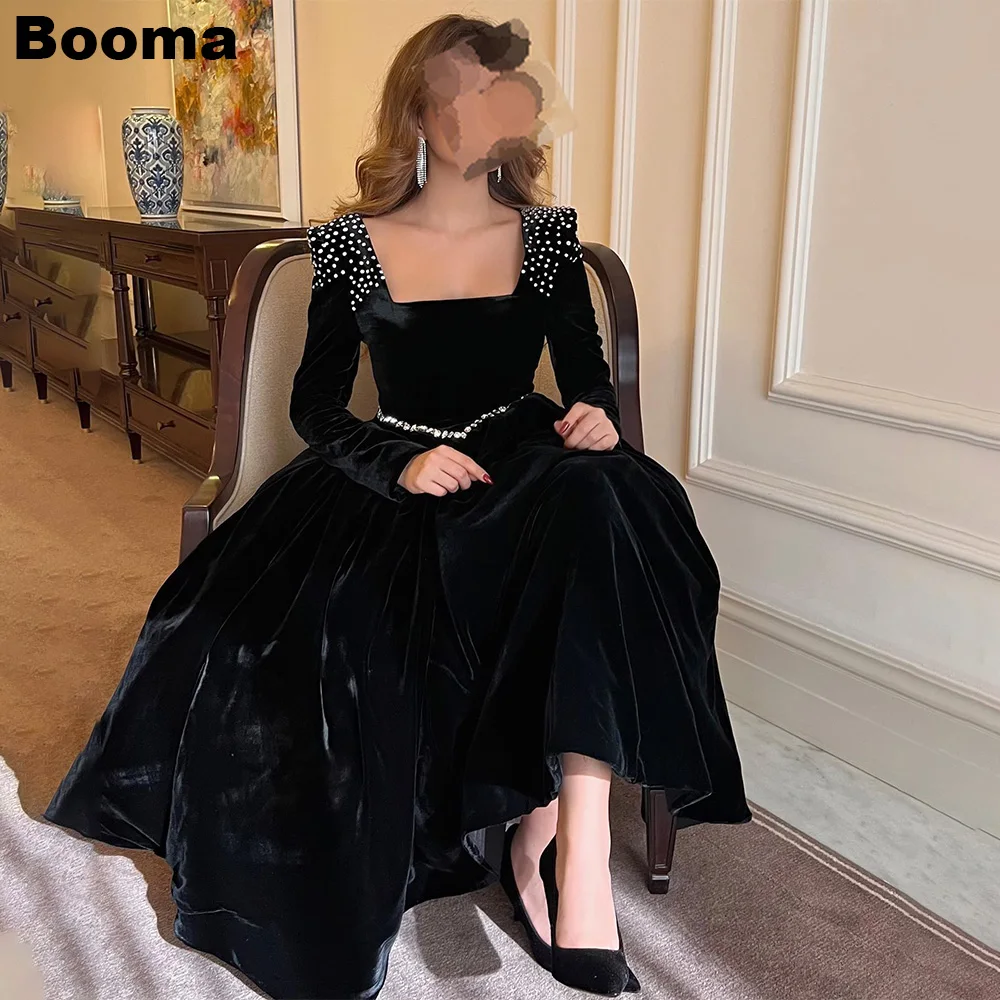 Top Trends: Booma Black Velvet Evening Dresses Dubai Arabic Formal Party Dress Sauqre Neck Beaded Long Sleeves Women Prom Gowns فستان مخمل Shoppable Styles