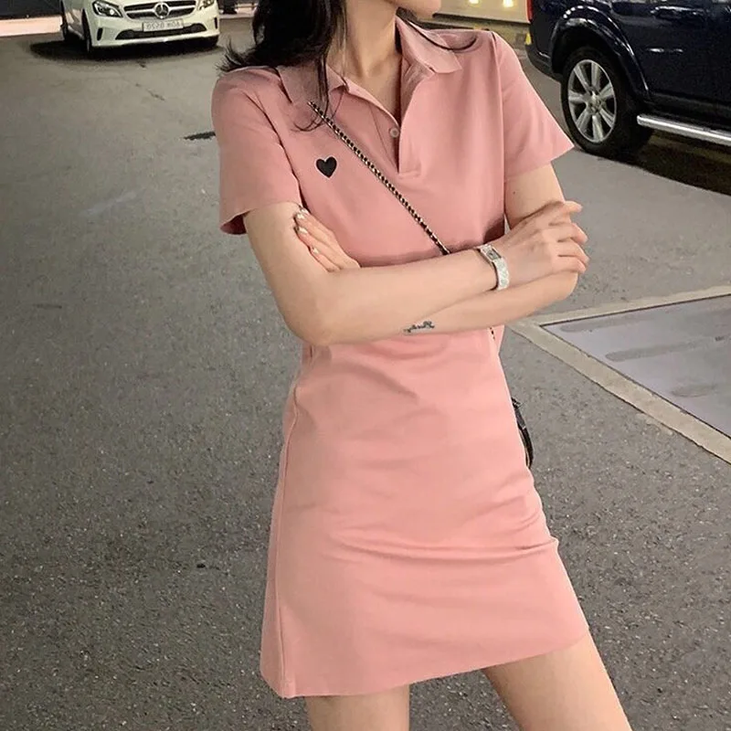 Top Trends: Women's Clothing Solid Color Casual Polo-Neck Dresses Summer Korean Fashion Embroidery Spliced Female Short Sleeve Dress Female Shoppable Styles