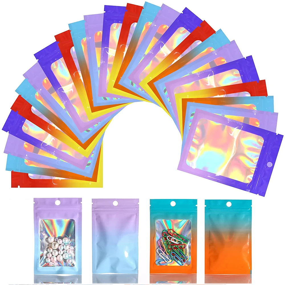 Top Trends: 50pcs Gradient Color Holographic Laser Foil Bags Transparent Window Pouch Resealable Ziplock Bags For Jewelry Display Packaging Shoppable Styles