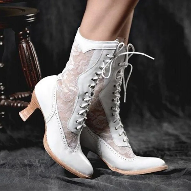 Top Trends: Vintage Women&#039;s Ankle Boots Victorian Pointed Toe Mid-Calf Boots For Women Elegant Pu Lace Up Boot Spliced Ladies High Heel Shoe Shoppable Styles