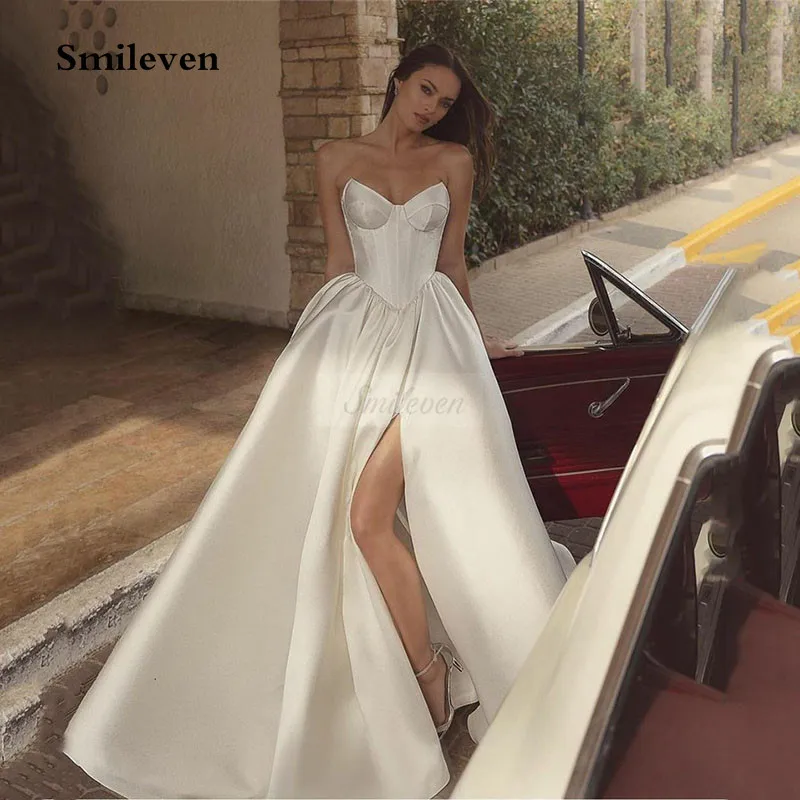 Top Trends: Smileven Strapless Wedding Dresses Satin Side Split Corset Bride Dress Side Split Vestido De Novia 2024 Wedding Gowns Shoppable Styles