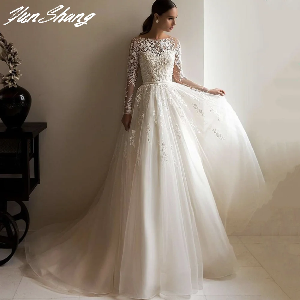 Top Trends: YunShang Long Sleeve Wedding Dress Women A-Line O-Neck Lace Appliques Button Tulle Train Vintage Bridal Gown Vestidos De Noiva Shoppable Styles