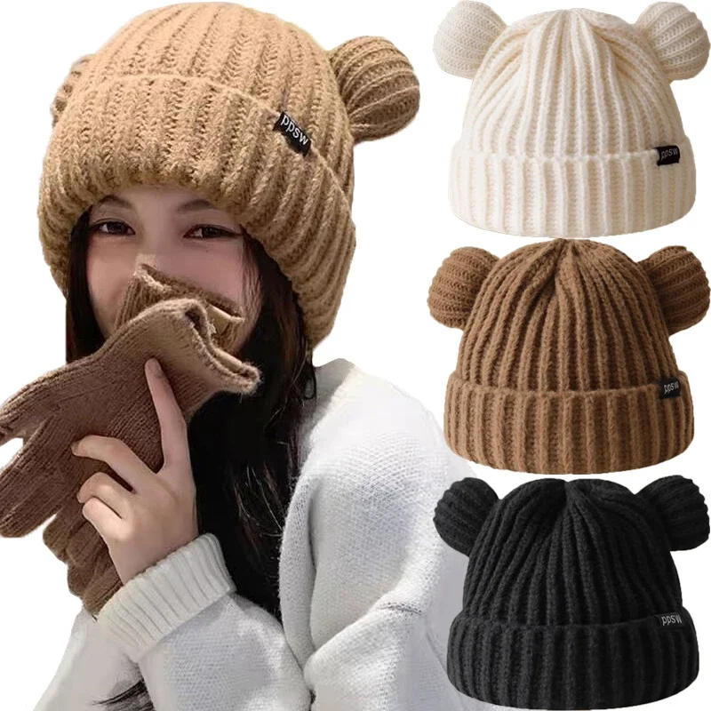 Top Trends: Y2K Bear Ears Thicken Hats Women Soft Harajuku Plush Ear Head Protection Cute Knitted Korean Wool Caps Cool Girl Handmade Beanie Shoppable Styles