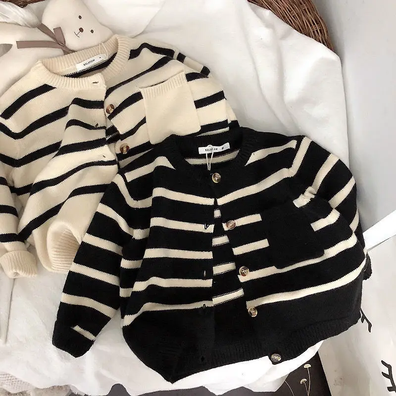 Top Trends: Cardigan For Girls Sweaters Children's Soft New Knit Child Classic Striped Round Neck Sweatshirt Toddler Baby Clothes 2-7 Years Shoppable Styles