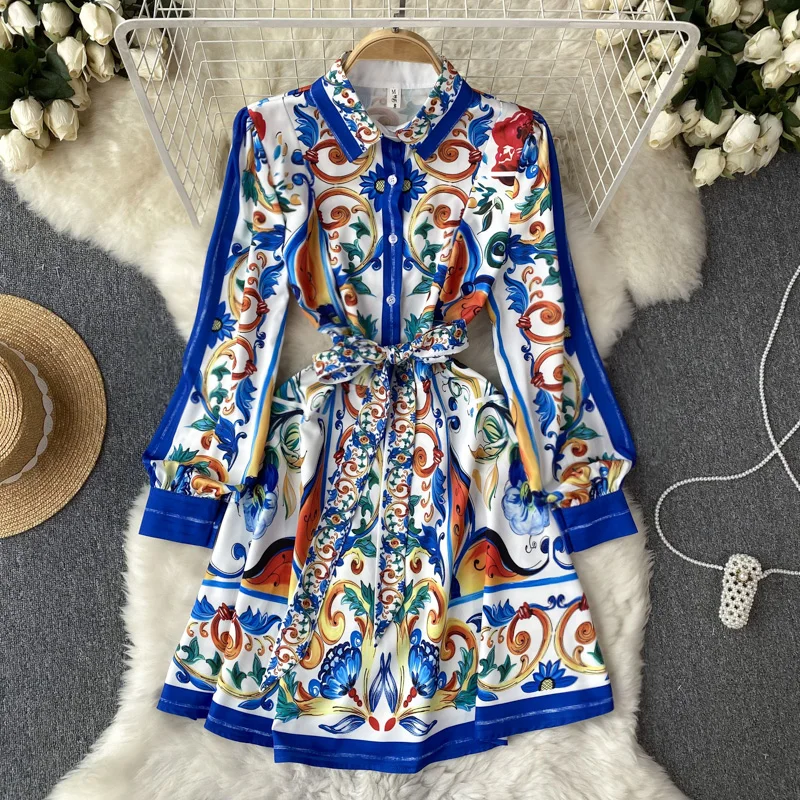 Top Trends: Spring Summer Runway Blue And White Porcelain Dress Women&#039;s Lapel Long Lantern Sleeve Belt Lace Up Ruffles Mini Vestidos N2024 Shoppable Styles