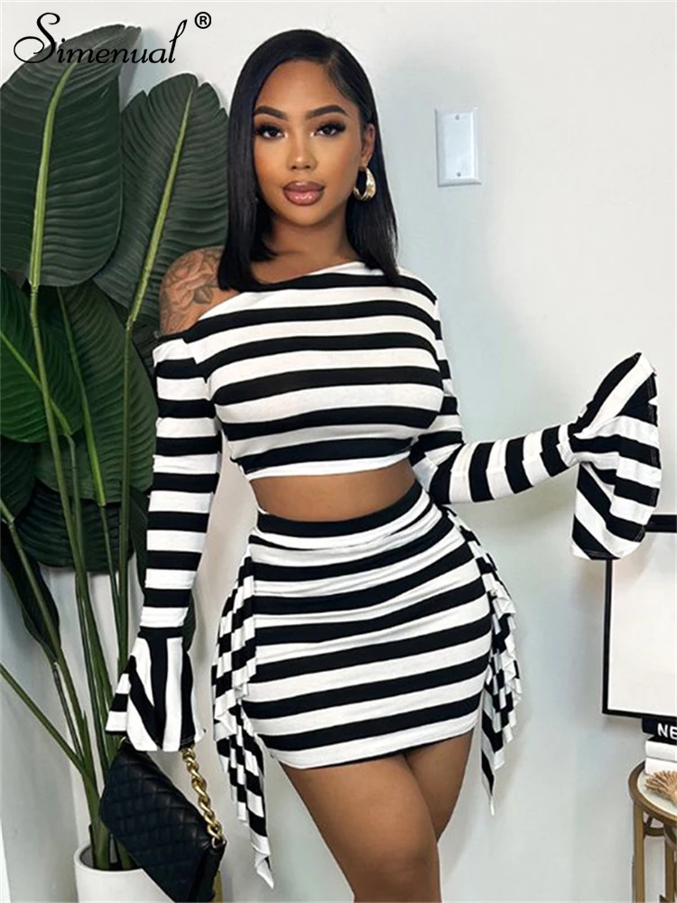 Top Trends: Simenual Y2K Aesthetics Women Striped Co-ord Suits Fairy Flare Sleeve Skew Collar Crop Tops Sexy Mini Skirts Slim 2 Piece Sets Shoppable Styles