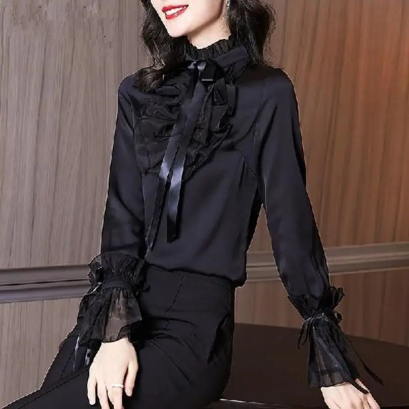 Top Trends: Chiffon Office Lady Thin Flare Sleeve Lace Half Height Collar Ruffled Patchwork Single Breasted Women Shirt Ribbon Bow Black Shoppable Styles