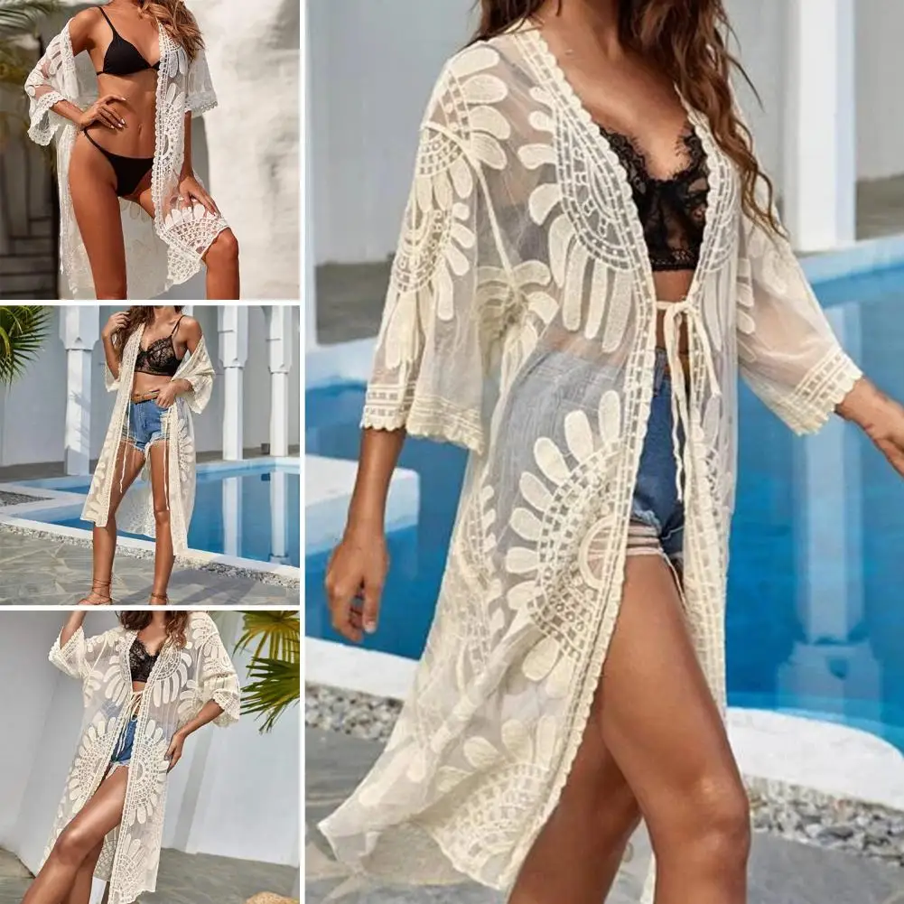 Top Trends: Flower Lace Cover-ups Beachwear White Cardigan Beach Cover Ups For Swimwear Women Bath Exits Outfits Solid Knitted Wear Coverup Shoppable Styles