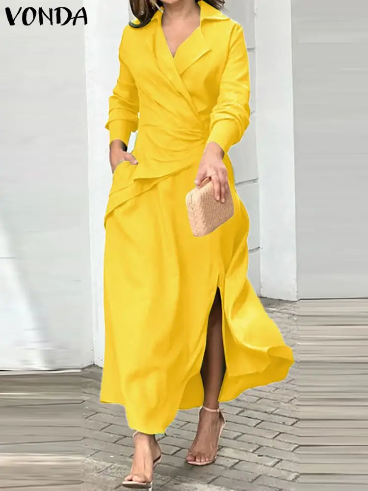 Top Trends: Elegant Evening Dress 2023 Women Summer Dress Sundress Casual Solid Color Office Maxi Dress Long Sleeve Lapel Neck Vestidos Robe Shoppable Styles